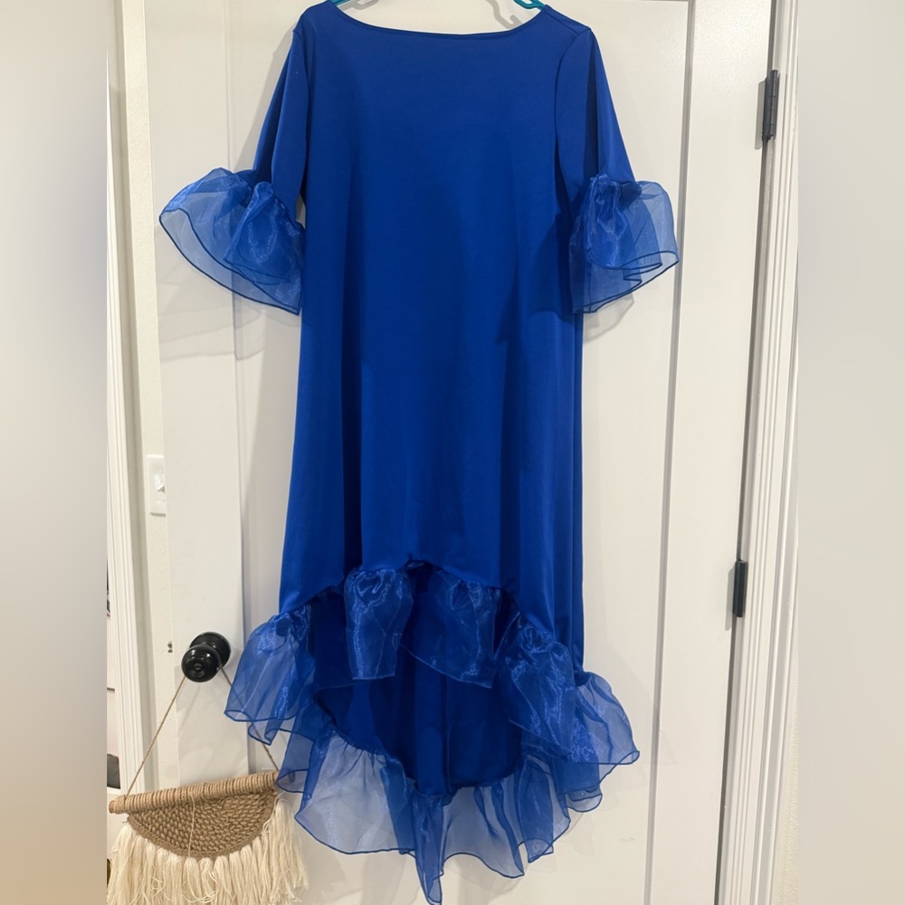 Elegant Blue Dress with Sheer Ruffle Sleeves